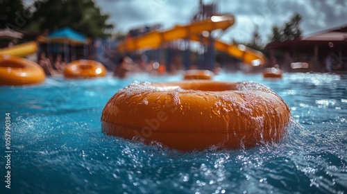 Relaxing in a lazy river with orange tubes at an indoor water park during the...
