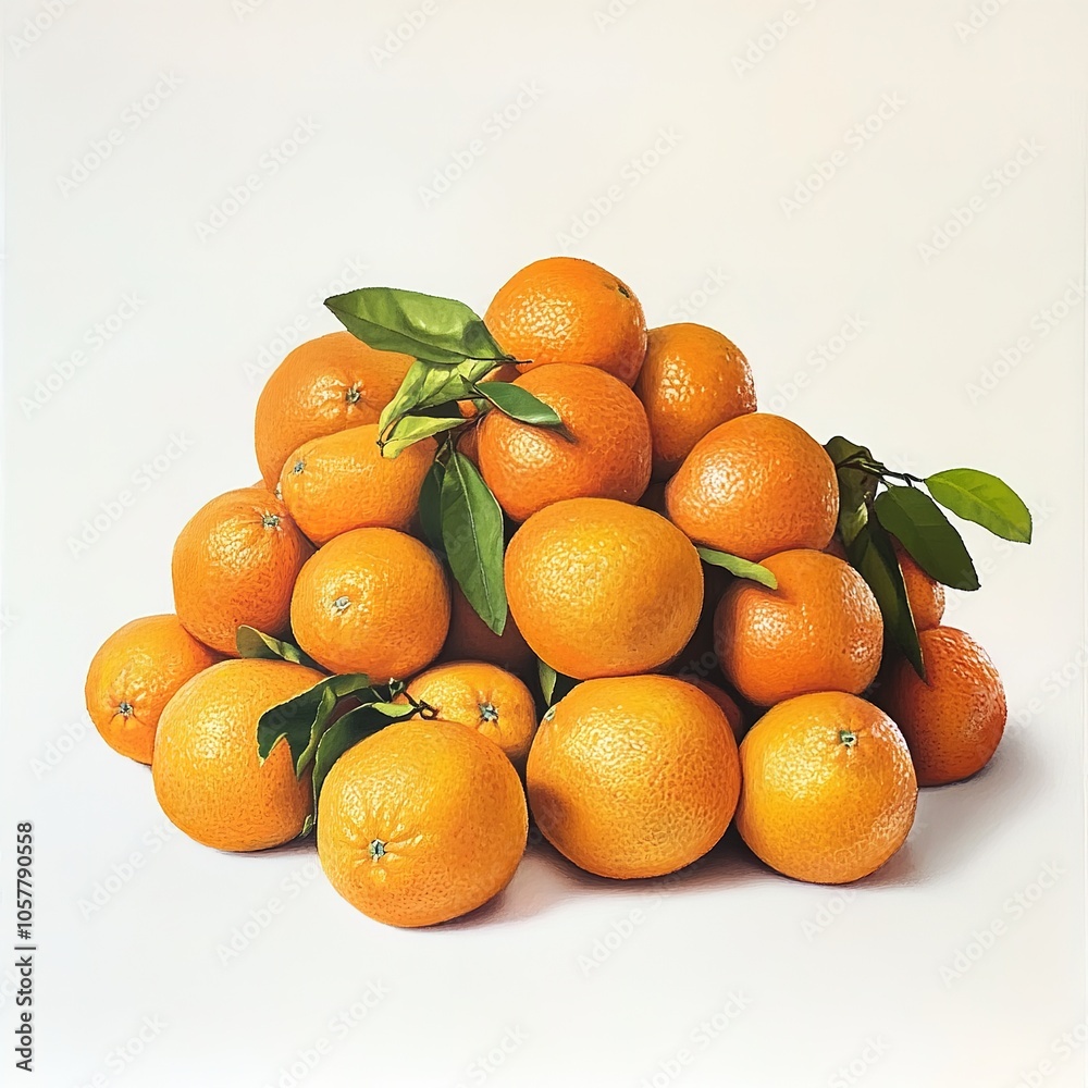 Pile of Fresh Oranges with Green Leaves on White Background. Pile of Fresh Oranges with Green Leaves on White Background.
