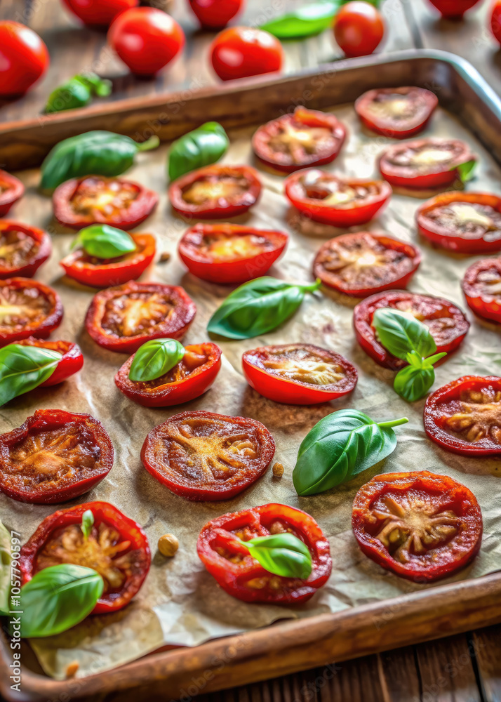 sliced tomatoes laid out on baking paper on a baking sheet on the table, making sun-dried tomatoes, tomato sauce recipe, cooking, food, ingredient, preparation, tasty food, meal sliced tomatoes laid out on baking paper on a baking sheet on the table, making sun-dried tomatoes, tomato sauce recipe, cooking, food, ingredient, preparation, tasty food, meal