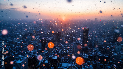 雪の東京オフィス街と夜の帳 photo