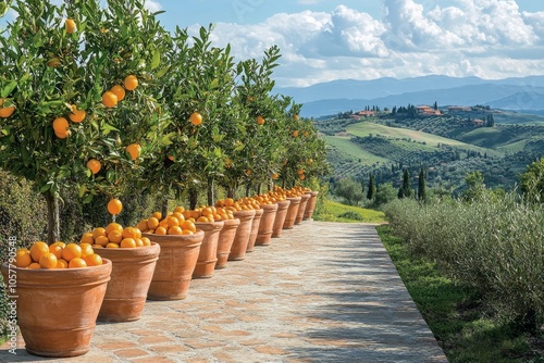 Lush orange trees in terracotta pots line a scenic pathway in a beautiful cou...