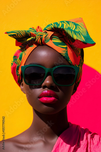 Portrait of Cuban women with headdress and warm smile, Generative AI