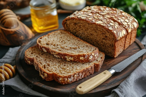 Freshly sliced whole grain bread with oats on a wooden board accompanied by h...