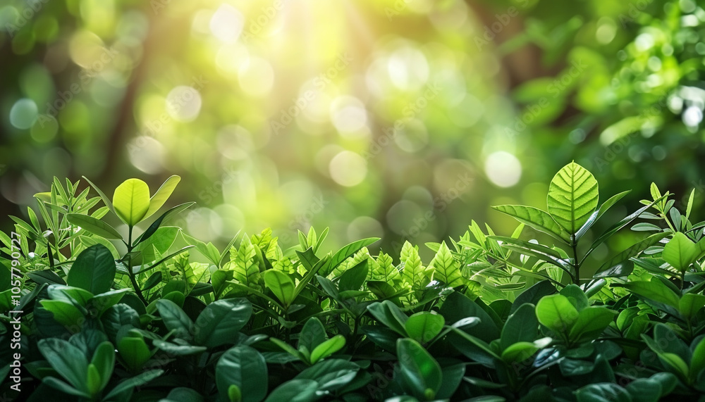Serene Lush Forest with Sunbeams and Green Blank Space Serene Lush Forest with Sunbeams and Green Blank Space