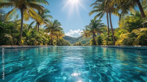 Tranquil swimming pool surrounded by lush greenery in a tropical paradise on ...