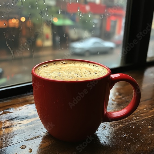A cozy red mug of steaming coffee sits on a wooden table by the window during...