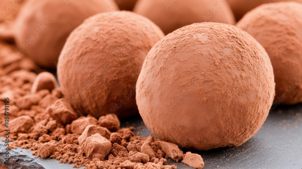 Luxurious chocolate truffles dusted with cocoa powder on a dark slate surface, AI Luxurious chocolate truffles dusted with cocoa powder on a dark slate surface, AI