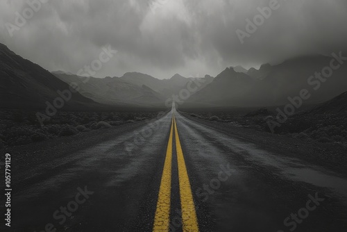 Empty mountain road stretching through misty landscape in the early morning