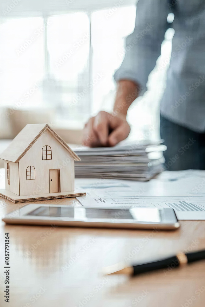 Close-up of a person reviewing documents on a desk with a small house model and a smartphone, symbolizing real estate concept.