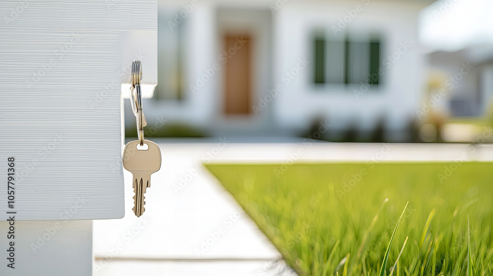 Close-up of house keys in a lock with blurred modern home in the background, representing real estate and home ownership. Close-up of house keys in a lock with blurred modern home in the background, representing real estate and home ownership.