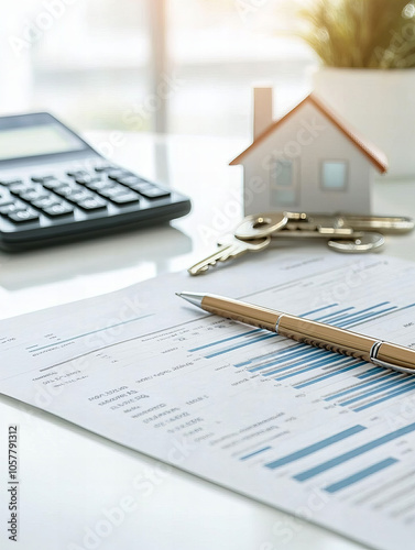 Financial analysis document and house model on desk, symbolizing real estate investment and mortgage planning. photo