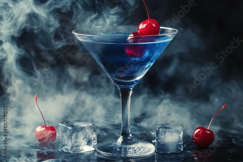 A vibrant cocktail with cherry garnishing and ice against a smoky backdrop at...