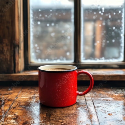 A cozy red mug of steaming coffee sits on a wooden table by the window during...