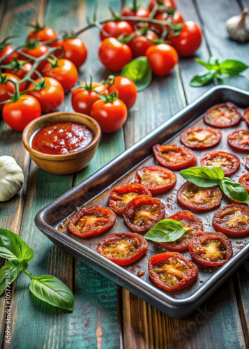 sliced ​​tomatoes laid out on a baking sheet on the table, making sun-dried tomatoes, tomato sauce recipe, cooking, food, ingredient, preparation, tasty food, meal