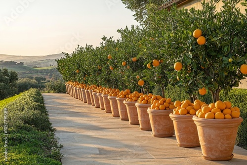 Lush orange trees in terracotta pots line a scenic pathway in a beautiful cou...
