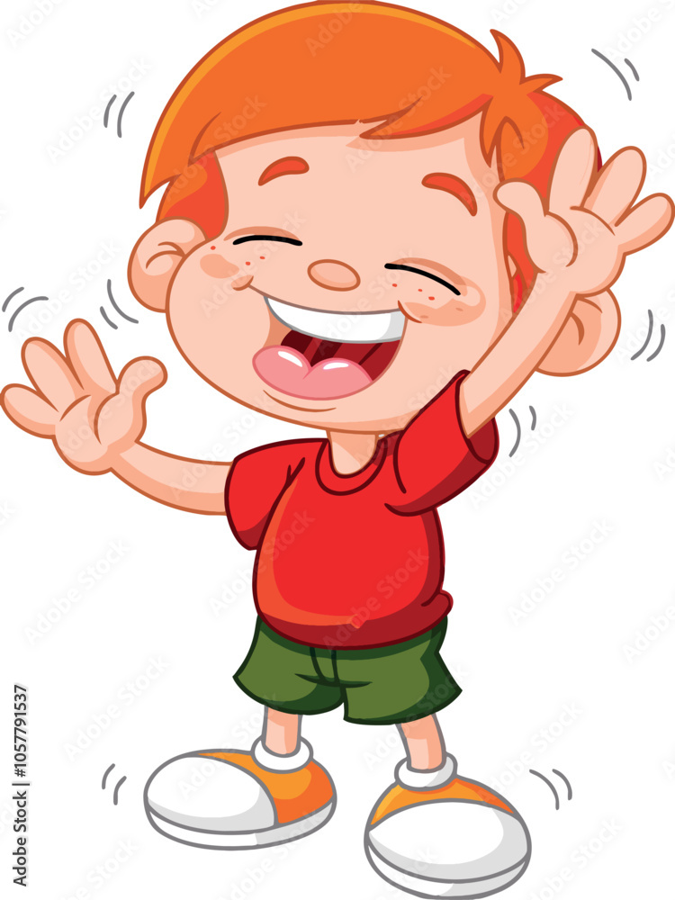 Obraz premium Happy cartoon boy waving and laughing with red hair and freckles