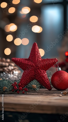 Red woven star decoration with ornament and pinecones on a wooden table durin...