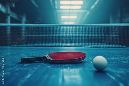 A focused view of a table tennis ball and paddle on a court during daytime