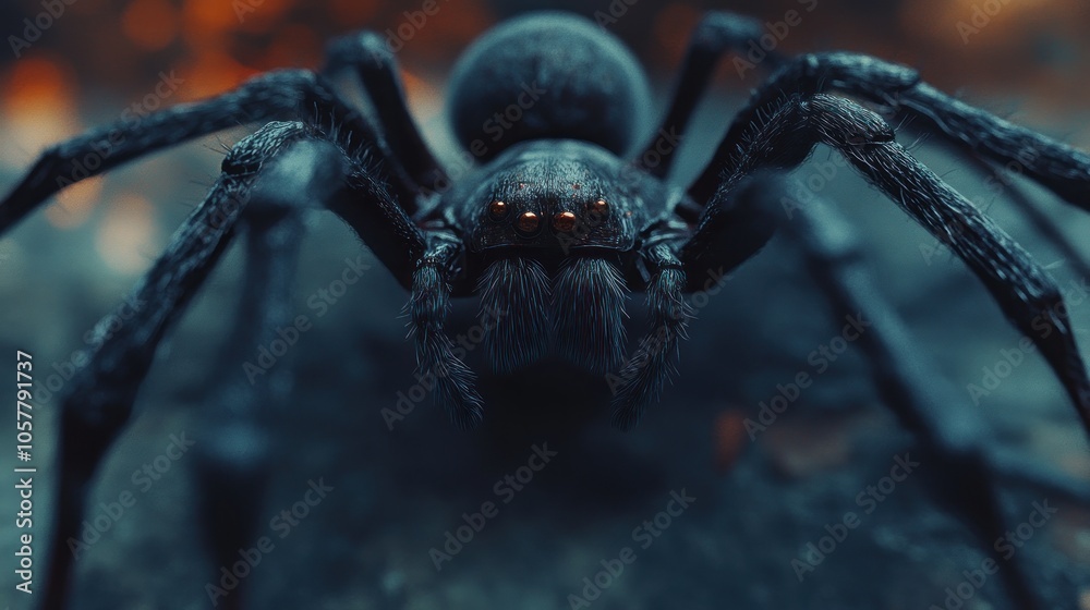 A close-up of a black spider with red eyes in a dark and ominous setting. A close-up of a black spider with red eyes in a dark and ominous setting.