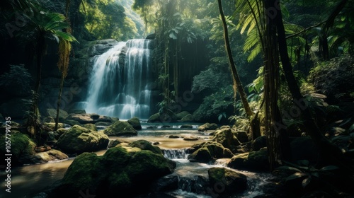 Stunning waterfall in the heart of a lush Thai forest with rich vegetation