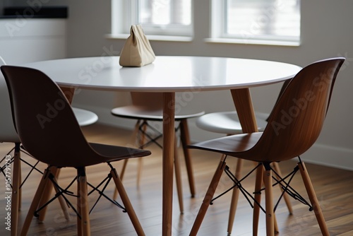 Round dining table with wooden chairs in a bright, modern interior