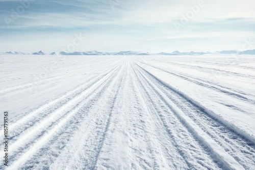 A long, straight road cuts through a vast, snowy landscape. The road disappears into the distance, leading the viewer's eye towards the horizon. 