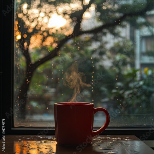 A cozy red mug of steaming coffee sits on a wooden table by the window during...