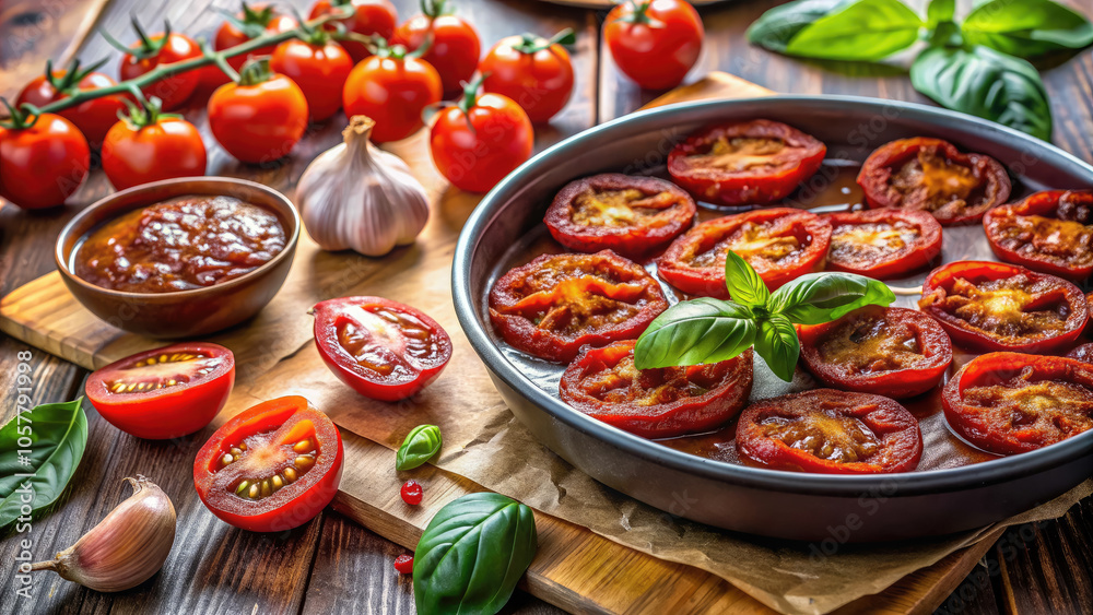 sliced tomatoes laid out on baking paper on a baking sheet on the table, making sun-dried tomatoes, tomato sauce recipe, cooking, food, ingredient, preparation, tasty food, meal sliced tomatoes laid out on baking paper on a baking sheet on the table, making sun-dried tomatoes, tomato sauce recipe, cooking, food, ingredient, preparation, tasty food, meal