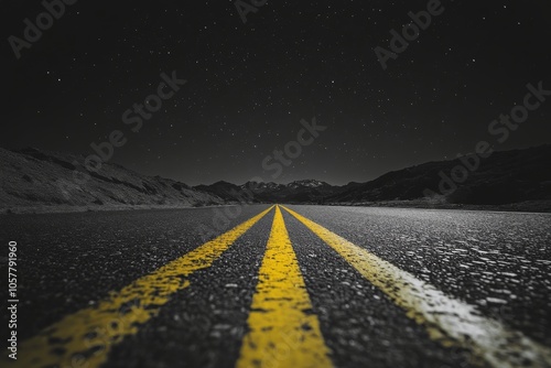 Empty mountain road stretching through misty landscape in the early morning
