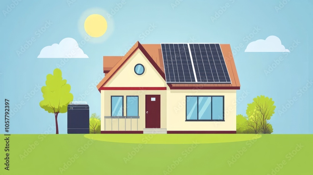 A cartoon illustration of a house with solar panels on the roof and a large black water tank in the yard. A cartoon illustration of a house with solar panels on the roof and a large black water tank in the yard.