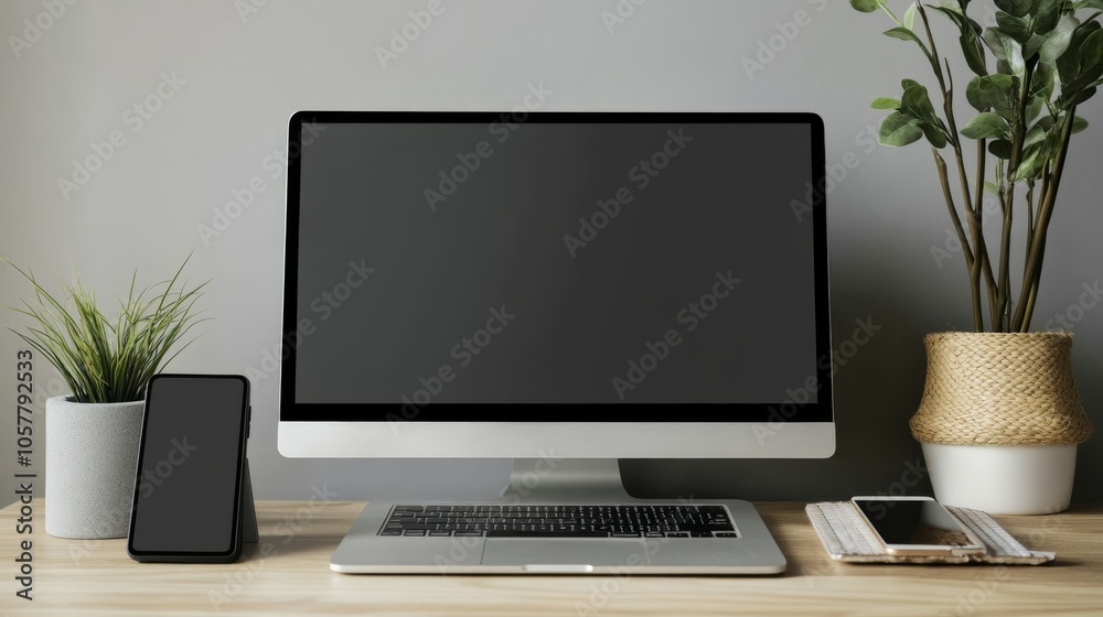 Tech setup featuring monitor laptop tablet smartphone against minimalist backdrop Tech setup featuring monitor laptop tablet smartphone against minimalist backdrop