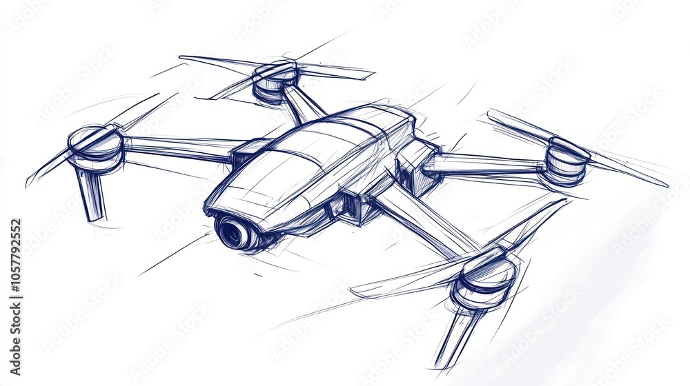 Fototapeta premium A hand-drawn sketch of a drone with four propellers and a camera in the front.