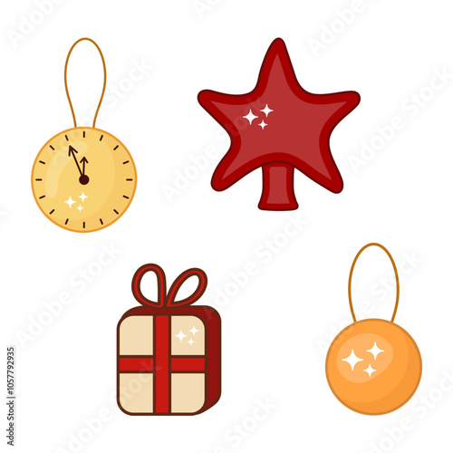 set New Year toy, attributes for Christmas tree decoration. Vector isolated illustration gift, red star for Christmas tree, clock chimes, New Year ball, bauble.