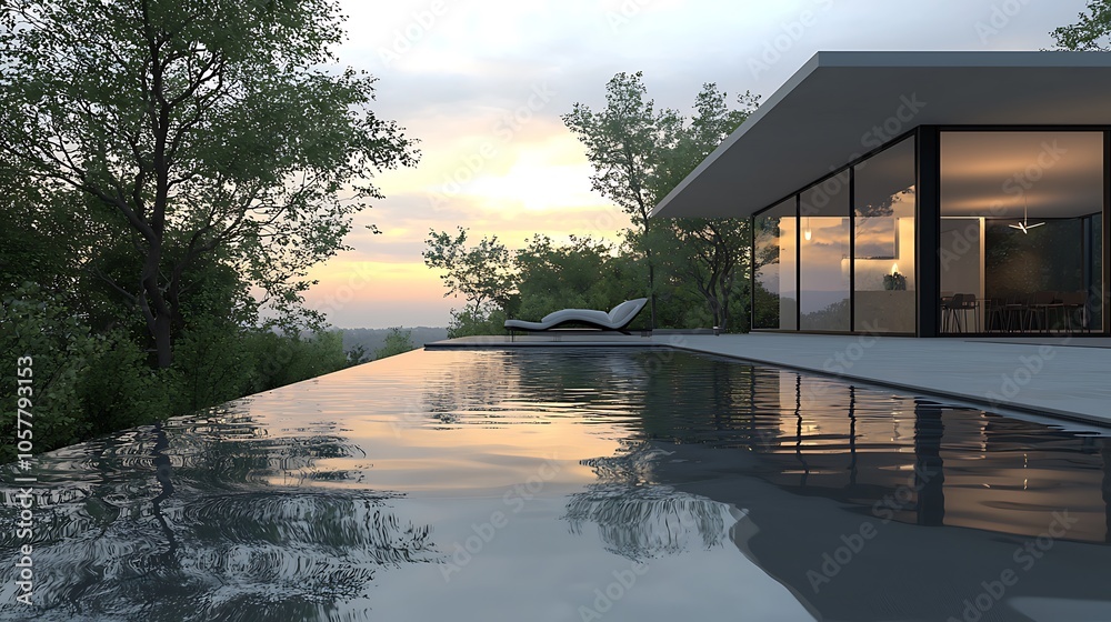 a?? Minimalist modern home with an infinity pool reflecting the serene surroundings. a?? Minimalist modern home with an infinity pool reflecting the serene surroundings.