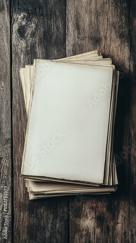 vertical top view of a stack of old papers blank empty, mockup sepia black and white vintage on dark table surface retrospect sheet bundle postcards antique vintage photo