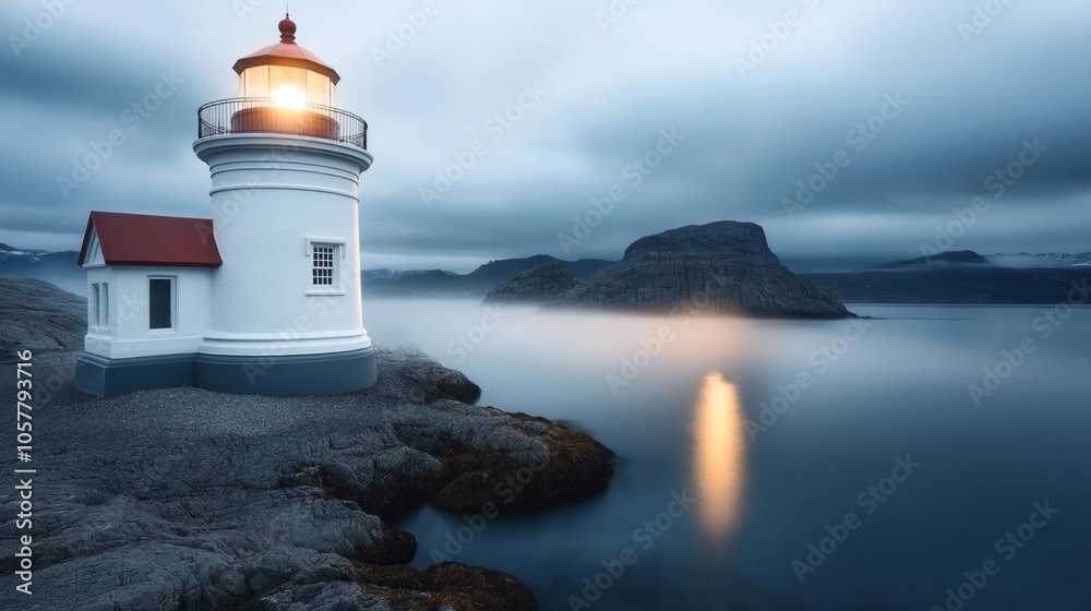 Lighthouse on rocky coast with light reflecting on calm sea against cloudy evening sky and distant mountains Lighthouse on rocky coast with light reflecting on calm sea against cloudy evening sky and distant mountains