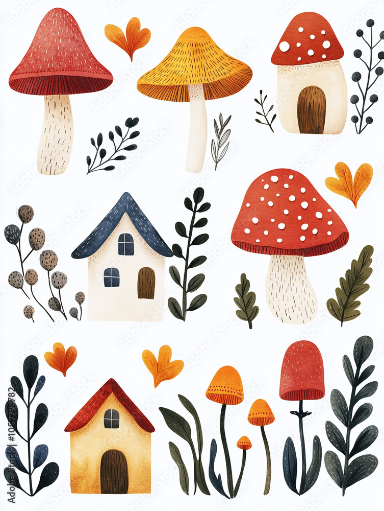 Whimsical Mushroom Village Frame Vector Cartoon Whimsical Mushroom Village Frame Vector Cartoon