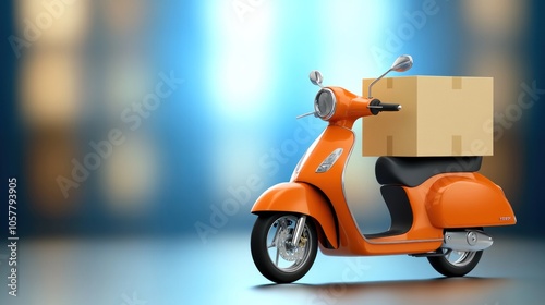 An orange scooter with a cardboard box on the back, against a blurred blue background.