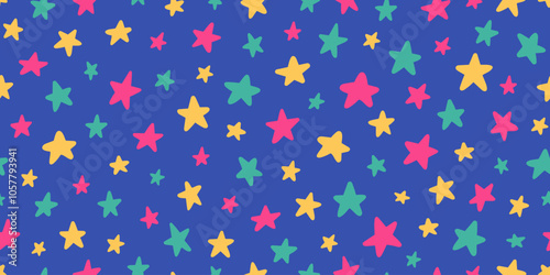 Hand drawn multicolored stars on blue background. Simple bright design for fabric, textile, wrapping paper, wallpaper, cover