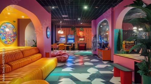 A retro-style arcade with bright colors and neon lights, featuring arcade games, a lounge area with a yellow couch, and geometric patterned floors.