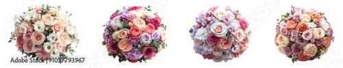 Set, collection of Opulent wedding bouquet with diverse blossoms isolated on transparent background.