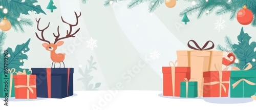 Festive Christmas Scene with Deer, Gifts, and Evergreen Foliage