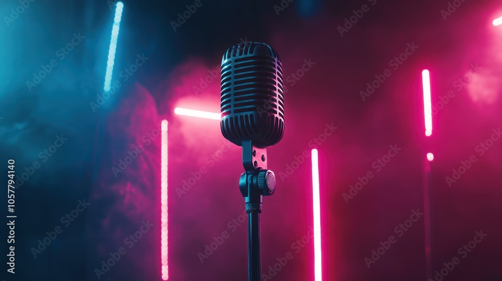 Obraz premium A vintage microphone stands in front of pink and blue neon lights, creating a vibrant and modern aesthetic.
