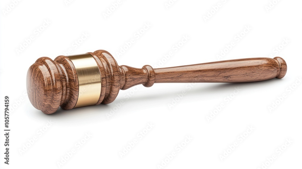 A wooden gavel with a gold band lies on a white background.