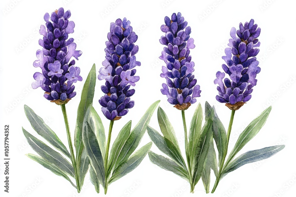 Fototapeta premium A watercolor illustration of lavender flowers with green leaves.