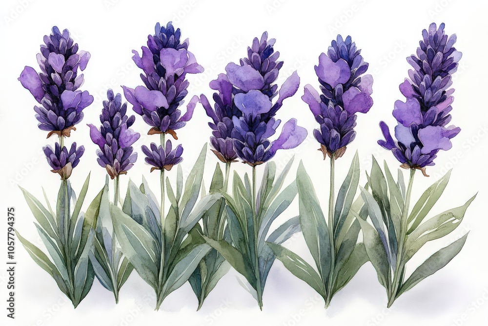 Obraz premium A watercolor illustration of lavender flowers with green leaves.