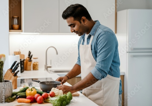 Home Indian chef preparing fresh vegetables in modern kitchen