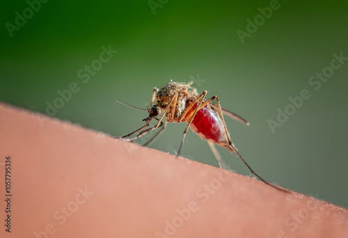 dangerous and harmful insect mosquito sits on human skin and drinks blood