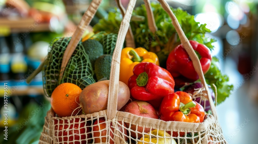 Variety of fresh fruits and vegetables in a market bag Variety of fresh fruits and vegetables in a market bag
