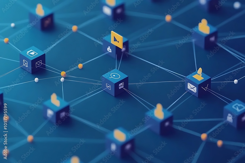 Interconnected Digital Network with Icons and Lines